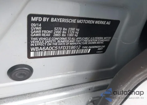 2015 BMW 640I Gran Coupe z USA, uszkodzony, nr VIN WBA6A0C51FD318612